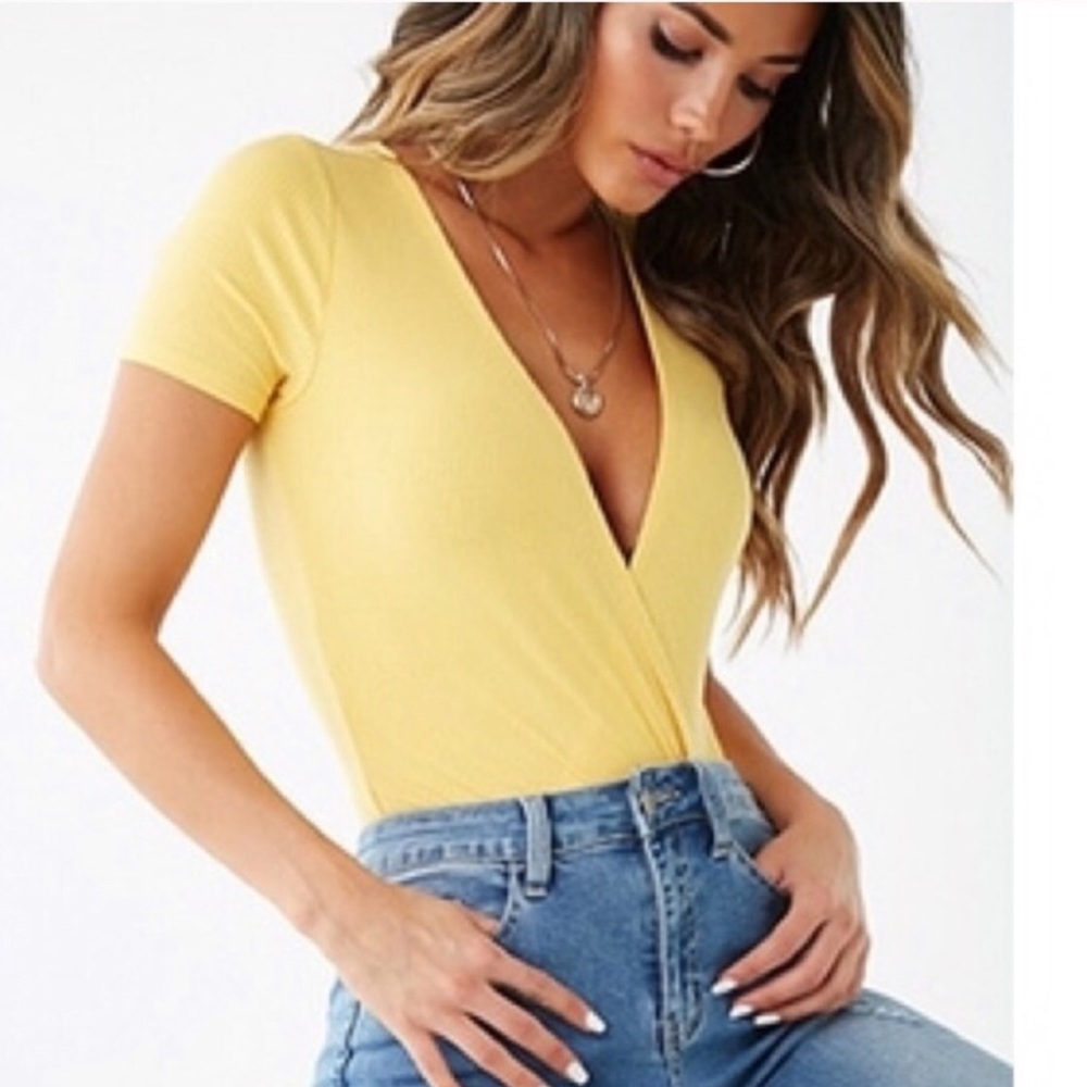 Plunging V Neck Light Yellow Ribbed Bodysuit